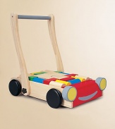 Made entirely of recycled materials, this baby walker will provide hours of fun for little ones and also help develop postural control and movement skill development. For ages 1 and up Specially designed handle can be adjusted to different heights and stiffness for stability and child safety. Set includes 24 colored and natural blocks About 11W X 19¼H X 14¼D Keep dry Imported