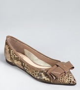 In soft taupe, these Delman flats shine in snakeskin printed leather and glossy patent trim.