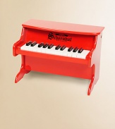 Bright red, 25-key tabletop is the perfect choice for a toddler's first piano. Both fun and educational, it is an ideal instrument to use for developing eye-hand coordination and encouraging musical creativity. Chromatically tuned Chime-like notes Play-by-color with removable color strip Songbook included Bench not included Ages 3 and up Made of maple and hardboard 11¼W X 12¼H X 9¼D Imported