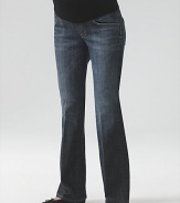 Stretch cotton five-pocket jeans have a comfy elastic waistband to take you through all nine months in style.THE FITStretchy panel at waist Standard bootcut proportion Front rise, about 12½ Inseam, about 33THE DETAILSFaux fly Rivet detail Faded down center legs Signature stitching on back pockets Distressed Pacific Ocean wash Nylon/spandex belly panelCotton/elastene denim Machine wash Made in USA 