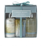 A perfect way to sample this limited edition Sea Grass Collection. Be transported to the seashore with a warm, breezy air of a relaxing summer day. Made from the freshest ingredients including a combination of citrus bouquet, sparkling notes of crisp greens, calming florals and hints of Cedar and Sandalwood. The essence of tranquility. Set includes: 10 oz. Hand and Body Lotion, 10 oz. Hand and Body Wash and 6 oz. individually wrapped Soap.
