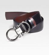 Smooth Italian leather with signature buckle. Gunmetal double gancini closure About 1½ wide Made in Italy