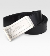 Italian calfskin leather with an etched, signature Medusa plaque buckle. About 1¼ wide Made in Italy 