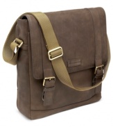 Rugged good looks. Rich distressed leather adds a sporty complement to the classic shape and timeless touches, like double buckle closures, of this brief. A roomy main compartment features a padded area with leather tab closure to protect your iPad or table, plus multiple interior and exterior pockets for quick access and neat storage.