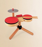 Little ones will love playing with a colorful drum set complete with two sticks, two drums and a cymbal. Helps stimulate hand-eye coordination, concentration skills and stress relief For ages 3 and up Set made entirely from recycled materials About 14W X 14H X 10D About 2.2 lbs. Keep dry Imported