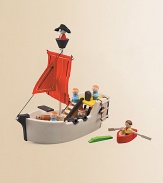 Made entirely from recycled materials, this pirate ship has a gangway at the back that can be opened to move cargo into the storage room. Set includes three sailors and a rowboat About 7 X 13½ X 14½D Imported Recommended for ages 3 and up