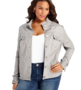 Feminine frills lend elegant charm to INC's button front plus size jacket-- it's a perfect layering piece for spring!