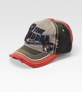 A signature logo covers this multi-colored hat with frayed edges and contrast stitching details. 55% linen/45% cottonHand washImported
