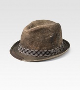 A natural jute trilby hat with check trim and an embroidered logo. Check trimJuteHand washImported