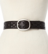 A little whimsical and a little Western. Floral perforations lend charm to this leather belt by Fossil.