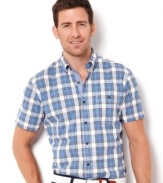 Summer's not done so get in all the sun you can with this preppy plaid shirt from Nautica.