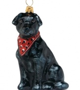 Lucky dog! Just begging for a home, this black lab ornament has puppy dog eyes and a beautiful coat in hand-painted glass by Joy to the World.