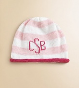 Sure to become a keepsake, this adorable hat combines both style and practicality in one great gift. Crafted in a combination of wide stripes with a rolled edge and the softness of pure cotton. CottonMachine washMade in USAFOR PERSONALIZATION Select a quantity, then scroll down and click on PERSONALIZE & ADD TO BAG to choose and preview your personalization options. Please allow 4-6 weeks for delivery. 