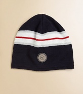 An ultra-cozy, wool-blend knit topper with logo design and bold stripes.Ribbed knitPull-on styling50% wool/50% acrylicMade in Italy