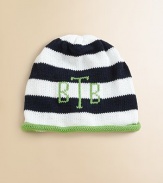 Sure to become a keepsake, this adorable hat combines both style and practicality in one great gift. Crafted in a combination of wide stripes with a rolled edge and the softness of pure cotton. CottonMachine washMade in USAFOR PERSONALIZATION Select a quantity, then scroll down and click on PERSONALIZE & ADD TO BAG to choose and preview your personalization options. Please allow 4-6 weeks for delivery. 