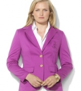 Lustrous signature buttons and Lauren Ralph Lauren's iconic monogram luxuriously accent a trim plus size blazer crafted from smooth stretch sateen.