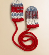 Secured by a loss-prevention string, these striped mittens are crafted from a wool-rich blend that's bound to keep them cozy. Attached loss-prevention string70% polyester/30% woolHand washImported