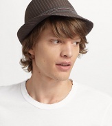 Cool pinstripes and an embroidered band make an instant headliner that goes from casual to dressy affairs.Brim, 1¼ W Logo on the band Fully lined Cotton Imported