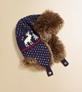 This festive trapper hat is crafted in a bold Fair Isle knit reindeer pattern and trimmed with plush faux fur for extra-cozy warmth.Faux fur trim along front flap, earflaps and backSnap-close strapFully linedCotton/Merino WoolHand washImported