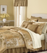 Escape into an enchanting oasis every night with Martha Stewart Collection's Florentine Swirl room in a bag. Bold flourishes embellish a metallic background, while intricate vine embroidery gives coordinating sheeting a hand-crafted look. Fringe accents, rope trim and more artisan details finish the look with elegance and grandeur.
