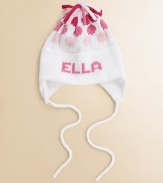 Cozy and warm in soft cotton, made just for her, with convenient ear flaps.Polka dot patternTie closureCottonHand or machine washMade in USAFOR PERSONALIZATION Select a quantity, then scroll down and click on PERSONALIZE & ADD TO BAG to choose and preview your personalization options. Please allow 2 to 3 weeks for delivery. 