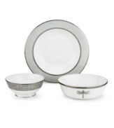 Velvet skies filled with glittering stars. The cacophony of crickets, your very own symphony. The whimsical pattern decorating the June Lane rim soup bowl (not shown) makes dinner at eight a magical experience.