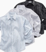 Build up the basics. A collared, button down shirt from Calvin Klein gets stylish with stripes and can dress up any pair of jeans or pants.