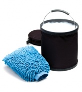 Compact car wash kit by Perfect Solutions includes an ultra-soft fringe wash mitt, collapsible bucket with carry handle, and a zip pouch to conveniently tuck away in the garage or vehicle.