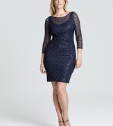 In shimmering metallic lace, this David Meister Plus dress lends endless elegance.