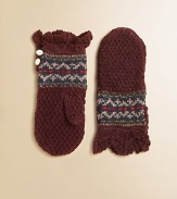 Sweet mittens knit in a warm blend of cotton and merino wool yarns are accented with a pretty Fair Isle pattern and ruffled cuffs.Two button side closure85% cotton/15% merino woolHand washImported