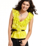 So fresh and so femme! Tiers of ruffles bloom along the deep v-neckline of a printed top that adds bright style to your day. From Rampage.
