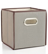 Stock up on storage-a smart, collapsible design in attractive natural tweed takes your space and introduces order. Perfect for storing books, CDs, toys, clothing and more, this cube is a must-have for order in your home.