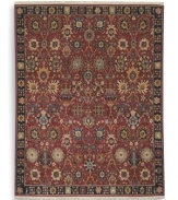 A long runner that is ideal for hallways and entryways. Evoking the charm of a country manor, the Cambridge rug features a floral and vine motif in a color palette that includes indigo, ivory, caramel, terra cotta and soft blues and greens against a rich red ground. Each color is specially dyed to achieve subtle shadings for a gentle antique finish. Woven in the USA of New Zealand premium worsted wool for indulgent softness.