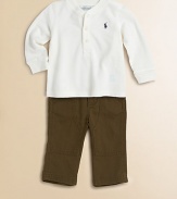 A soft cotton mesh henley is paired with classic twill pants for a preppy set. Shirt Ribbed crewneckLong sleevesButton-front Pants Button closureWaistband with belt loops and D-ring beltZip flySlant hand pocketsBack button-flap patch pocketCottonMachine washImported Please note: Number of buttons may vary depending on size ordered. 