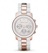 Fresh white is warmed up with shining rose gold in this ultra chic timepiece with three-eye functionality from MICHAEL Michael Kors.