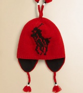An earflap hat is updated with an intarsia-knit Big Pony for signature style and warmth.Braided tassels tie underneath chinEarflapsFleece-linedCottonMachine washImported