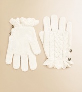 Warm and breathable cotton gloves are knit in a classic cabled stitch and finished with crystal buttons at the cuffs.Cable-knitRuffled cuffsCrystal buttonsCotton/WoolHand washImported