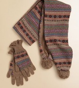 A warm pair of gloves knit in a colorful Fair Isle design and finished with ruffled, pointelle-knit cuffs.Ruffled cuffs85% cotton/15% cashmereHand washImported