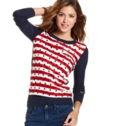 Warm-up in patriotic style! Red and white stripes plus a polka dot print totally evokes the American flag.