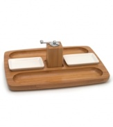 With grooves for crackers or veggie sticks and two removable dip bowls, each of these handsome bamboo serving trays puts an eco-savvy spin on snack time. A pepper mill invites guests to spice things up. From Lipper International's collection of serveware and serving dishes. (Clearance)