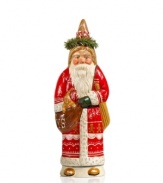 A piece you'll treasure for years to come. This unique figurine, shaped in a vintage mold and hand-painted, features Santa Claus with rosy cheeks, a traditional robe and a happy friend for a look of holiday splendor. From Vaillancourt.