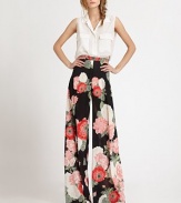 Gorgeous florals bloom on sumptuous matte silk, tailored in a lengthening wide-leg silhouette.High waistFlat frontWide legRise, about 12Inseam, about 4597% silk/3% spandexDry cleanMade in USA of imported fabricModel shown is 5'9 (175cm) wearing US size 4.