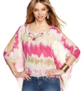 A bounty of gorgeous details take this tie-dye Rampage top to new levels of chic! Pair it with your trusty skinnies for a dinner look that's a gauzy delight!