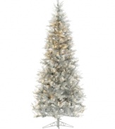 No decorating required with this shimmery silver tree. Standing over seven feet tall, this sleek beauty comes draped in 450 clear lights for maximum glow and makes a truly unique statement in any holiday home.