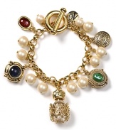 Get the inside track to bold style with this charm bracelet from Carolee, flaunting an eye-catching mix of multi hued stones, pearls, and 14-karat gold plate.