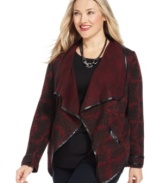 Spice up your look this season with NY Collection's printed plus size jacket, featuring a draped front.