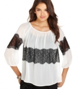 Show your love for lace with this airy three-quarter-sleeve peasant top from BCX! Pair it with a simple tank top and jeans for an effortless casual-chic look.
