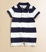 A classic polo design is transformed into an adorable shortall, made complete with signature pony embroidery at the chest.Ribbed polo collarShort sleevesFront button placketBottom snapsCottonMachine washImported Please note: number of buttons and snaps may vary depending on size ordered. 