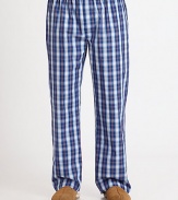 A stylish woven cotton pant for lounging or bedtime in a bold check pattern.Elastic waistCovered placket button-flySide slash pocketsInseam, about 32CottonMachine washImported