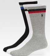 Ribbed textured classic with embroidered signature polo and stripe detail.Logo embroideryCalf height77% cotton/19% polyester/2% spandex/2% rubberMachine washImported